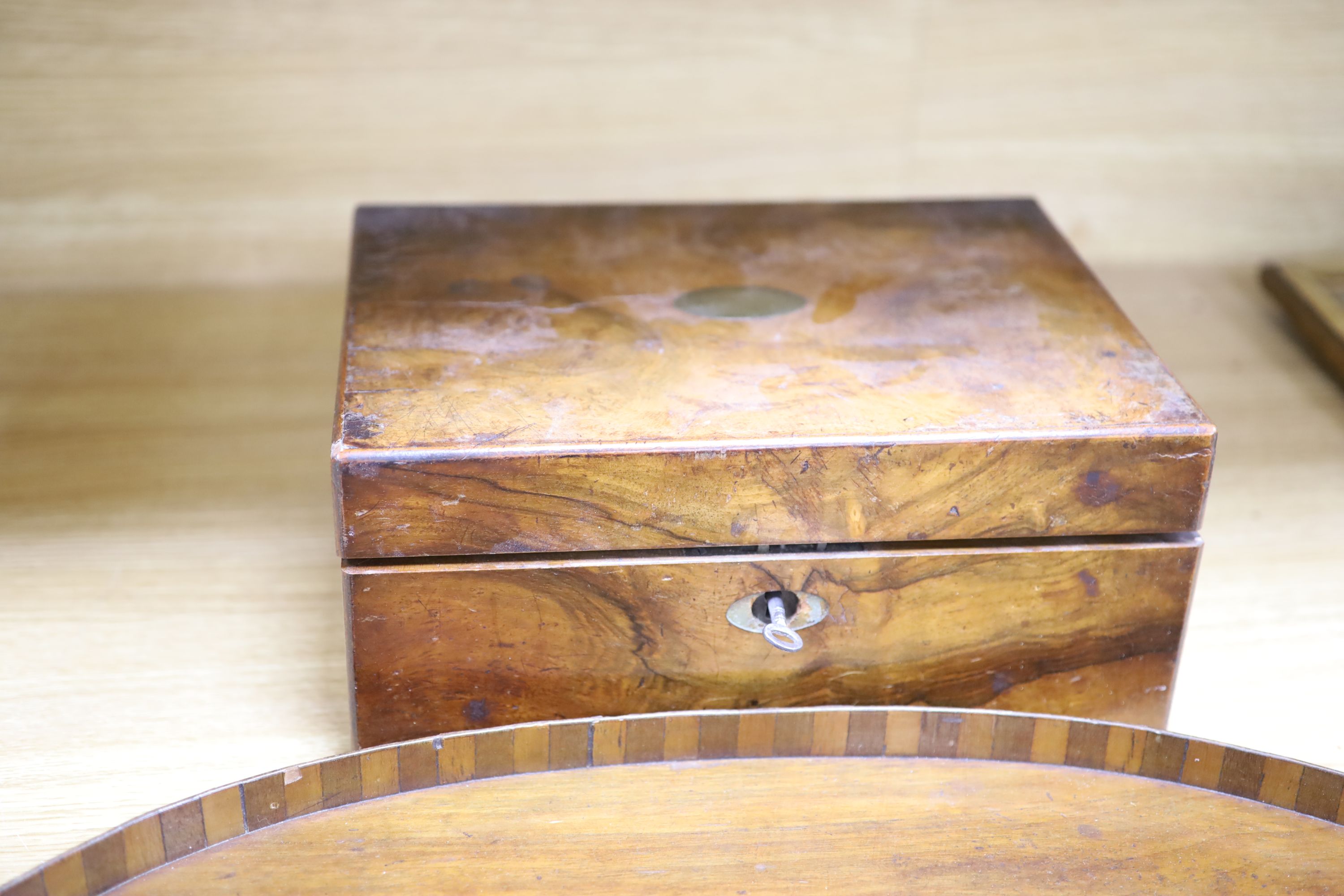 An Edwardian mahogany and marquetry kidney tray, length 61cm, and a Victorian walnut writing box